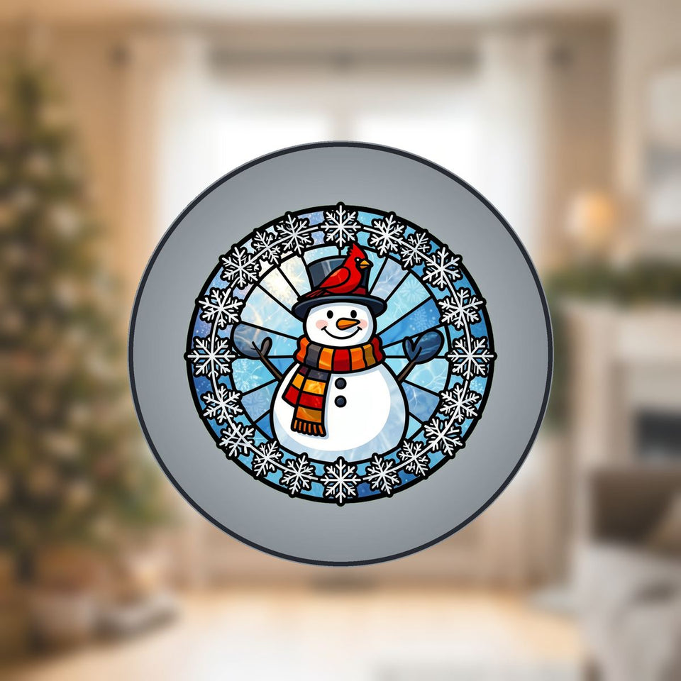 Snowman Cardinal Circle Stained Glass Suncatcher