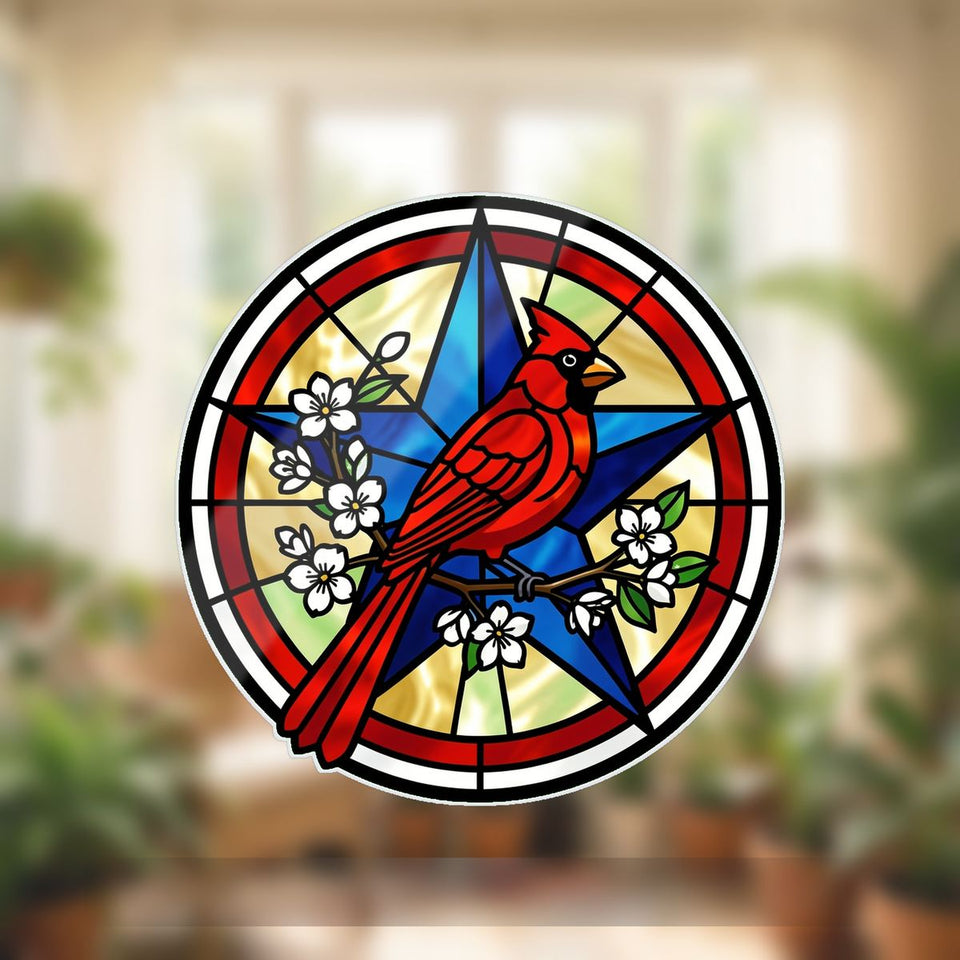Patriotic Cardinal Star Circle Wavy Acrylic Suncatcher Ornament