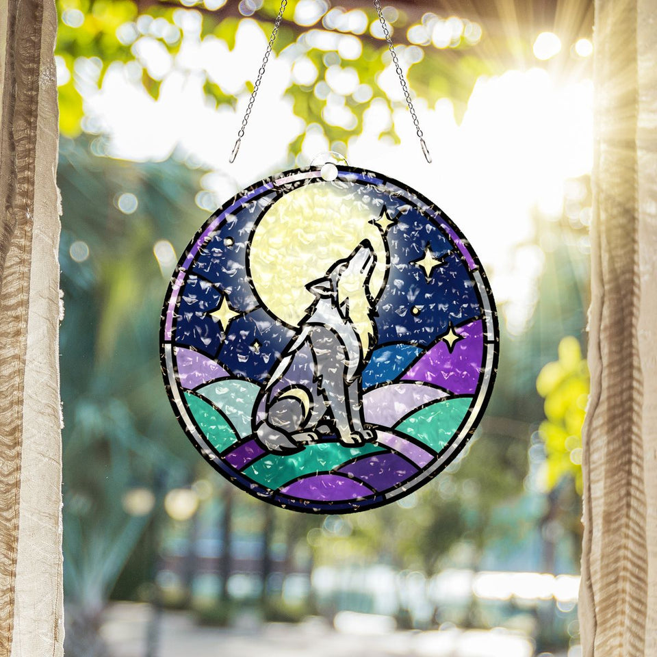 Howling Wolf Moon Circle Water Ripple Suncatcher
