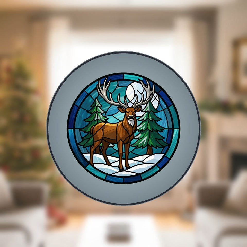 Winter Stag Evergreen Circle Stained Glass Suncatcher