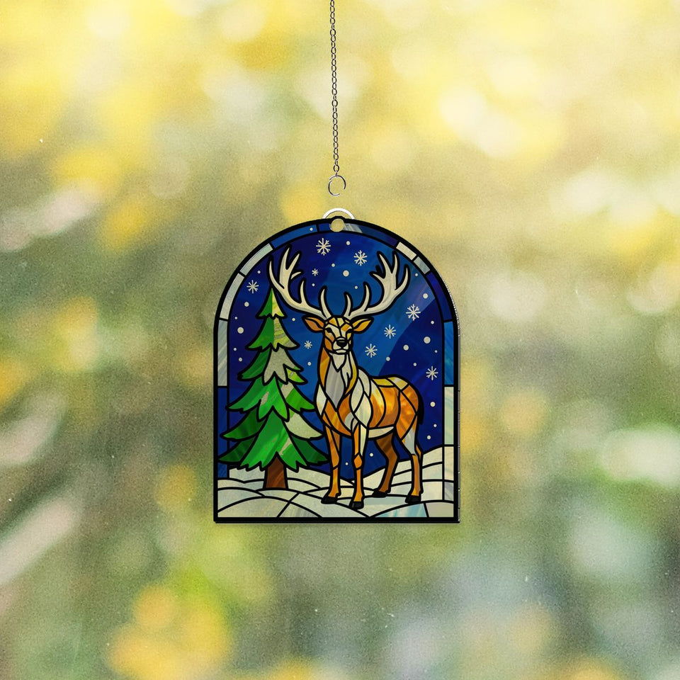 Snowy Stag Pine Arch Acrylic Suncatcher