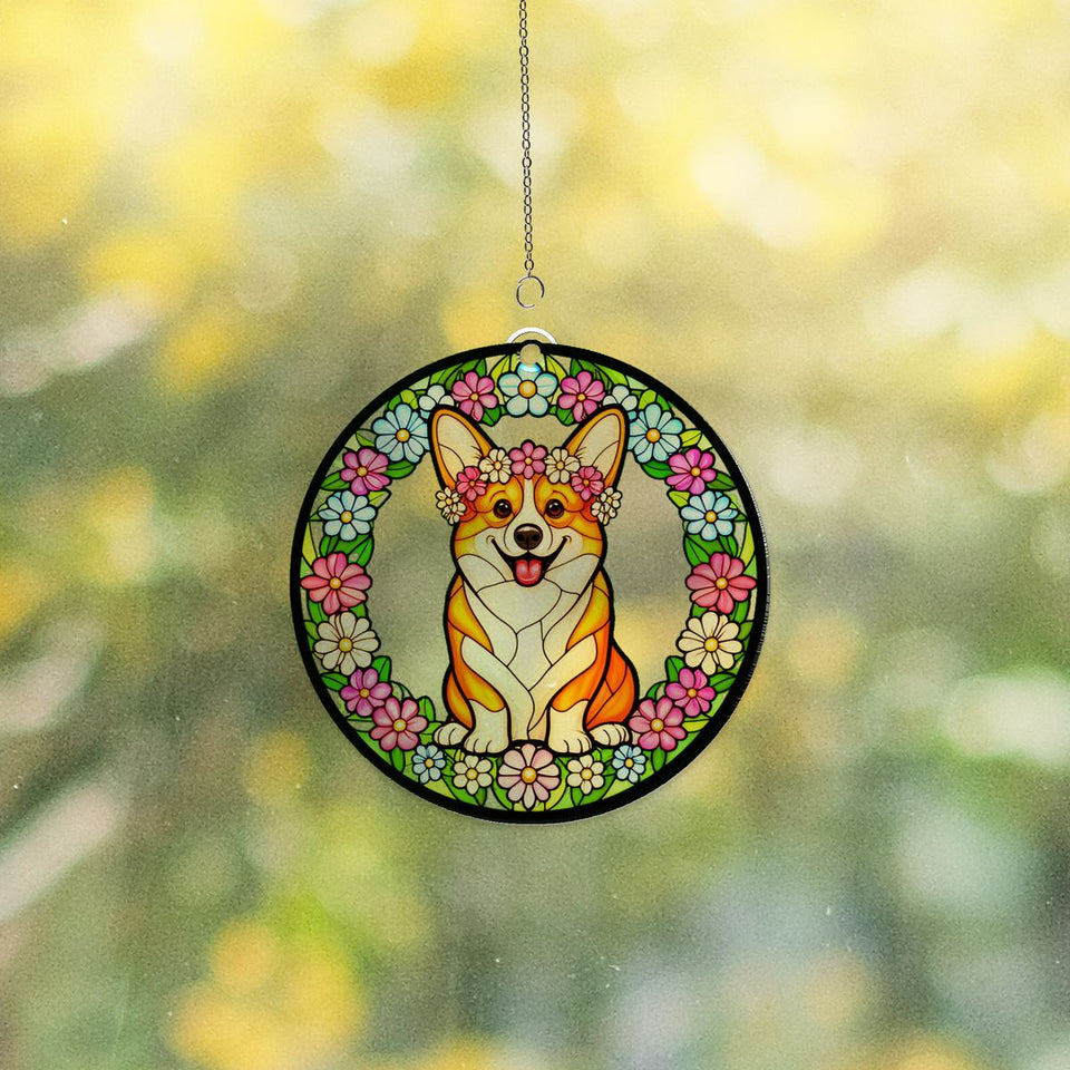 Corgi Wildflower Circle Acrylic Suncatcher