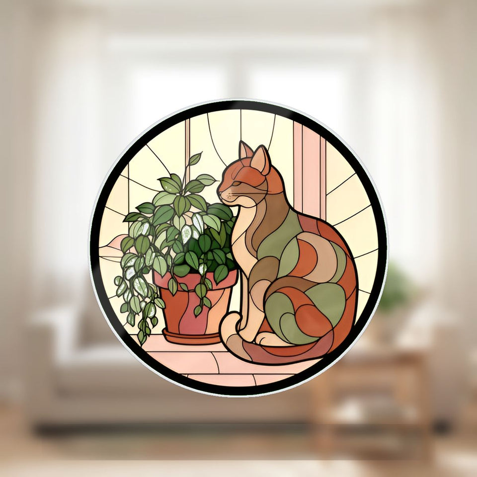 Cozy Cat Plant Window Wavy Acrylic Suncatcher Ornament