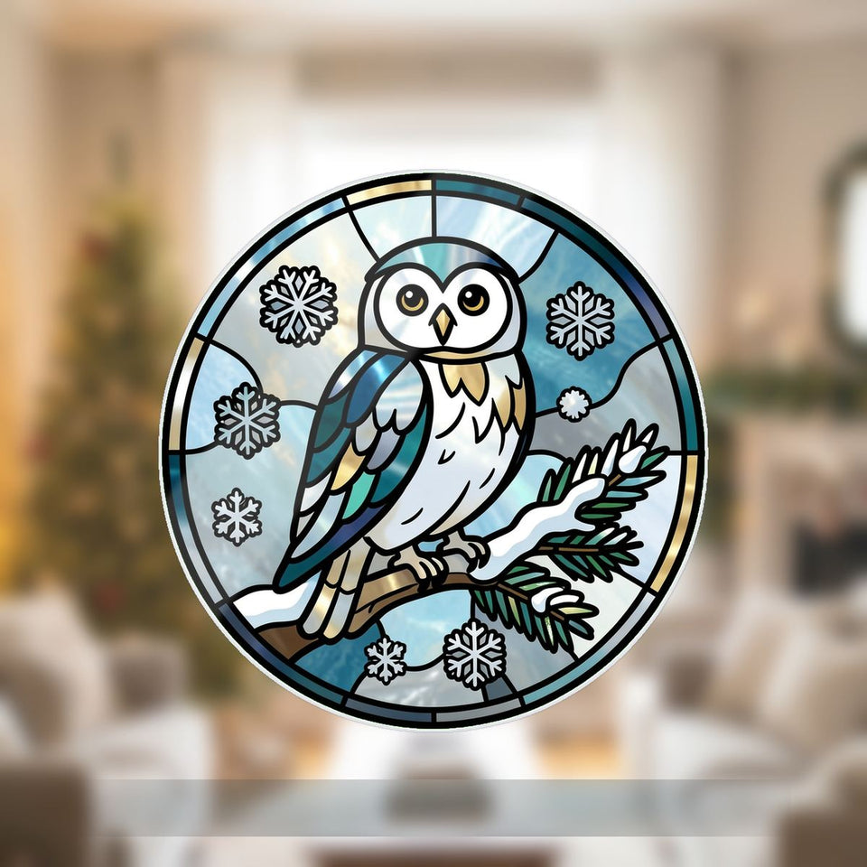 Snowy Owl Pine Circle Wavy Acrylic Suncatcher Ornament