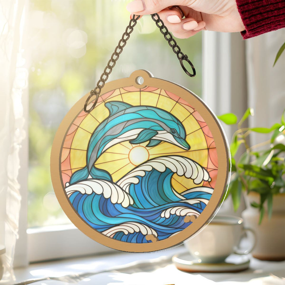 Dolphin Wave Circle Window Hanging Suncatcher