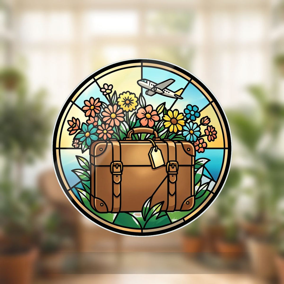 Vintage Suitcase Wildflowers Circle Wavy Acrylic Suncatcher Ornament