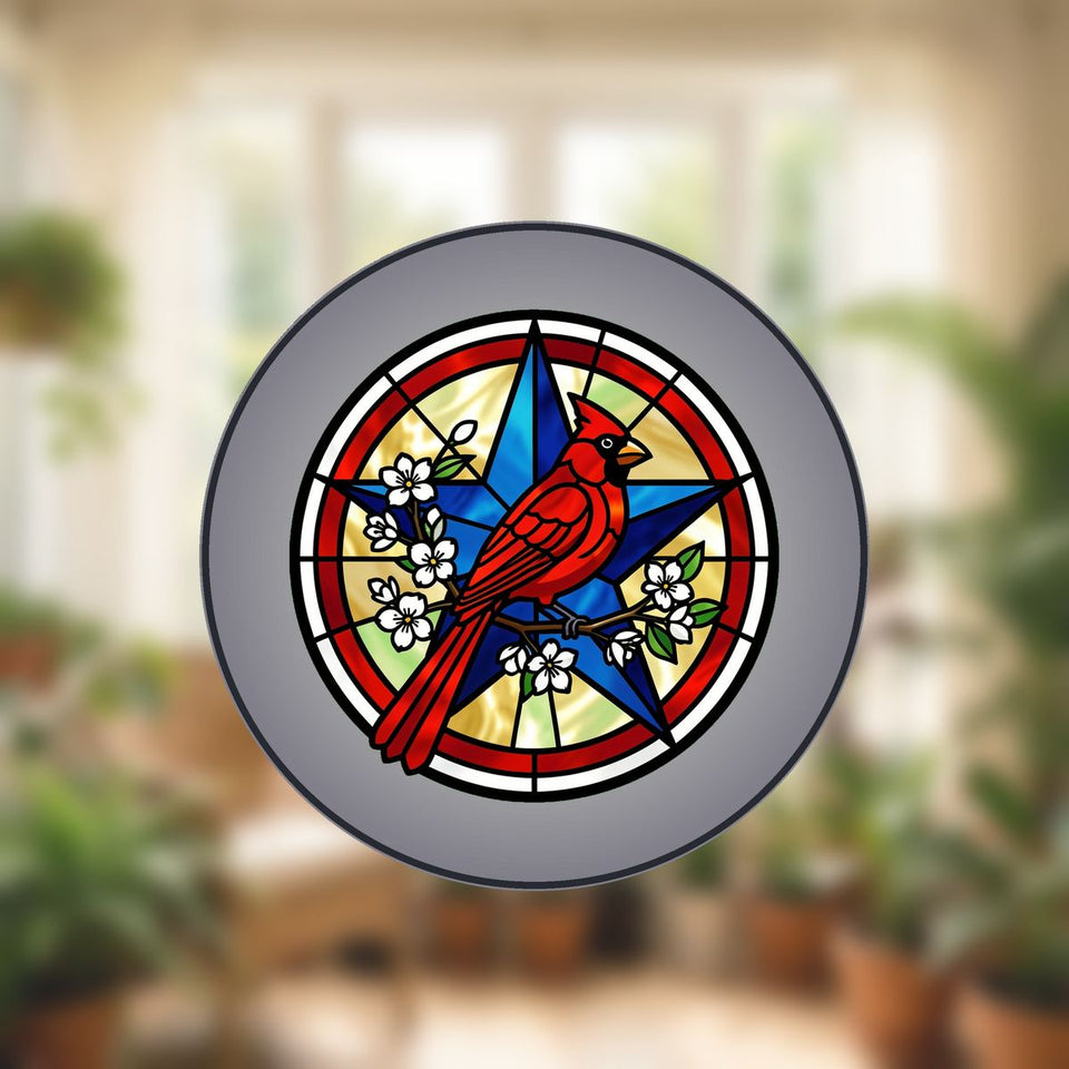 Patriotic Cardinal Star Circle Stained Glass Suncatcher