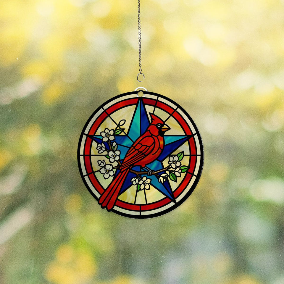 Patriotic Cardinal Star Circle Acrylic Suncatcher