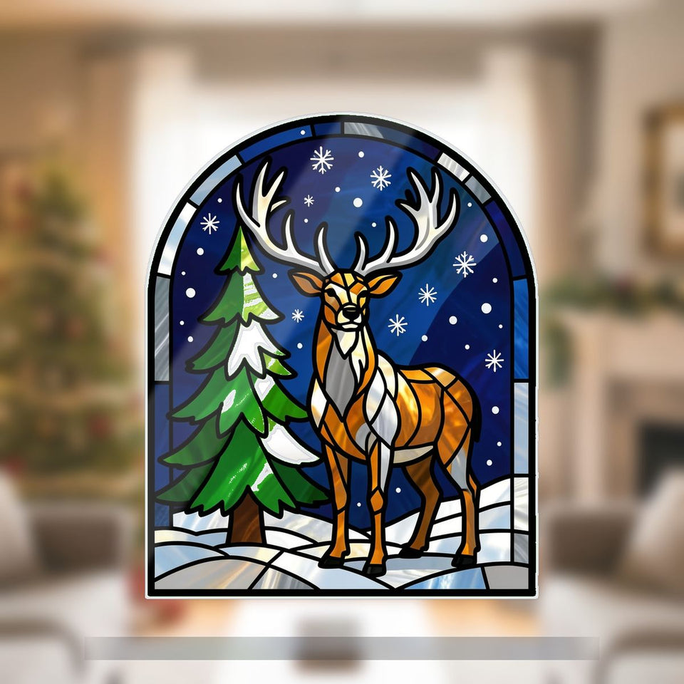 Snowy Stag Pine Arch Wavy Acrylic Suncatcher Ornament