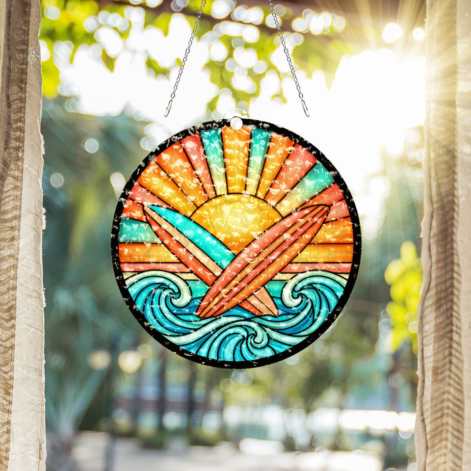 Surfboard Sunset Circle Water Ripple Suncatcher