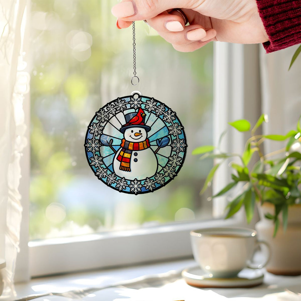 Snowman Cardinal Circle Acrylic Suncatcher