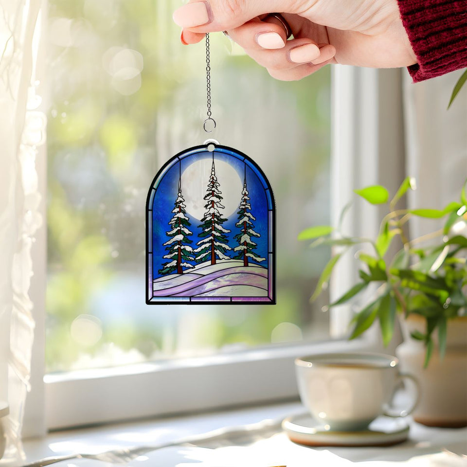 Snowy Evergreen Forest Arch Acrylic Suncatcher
