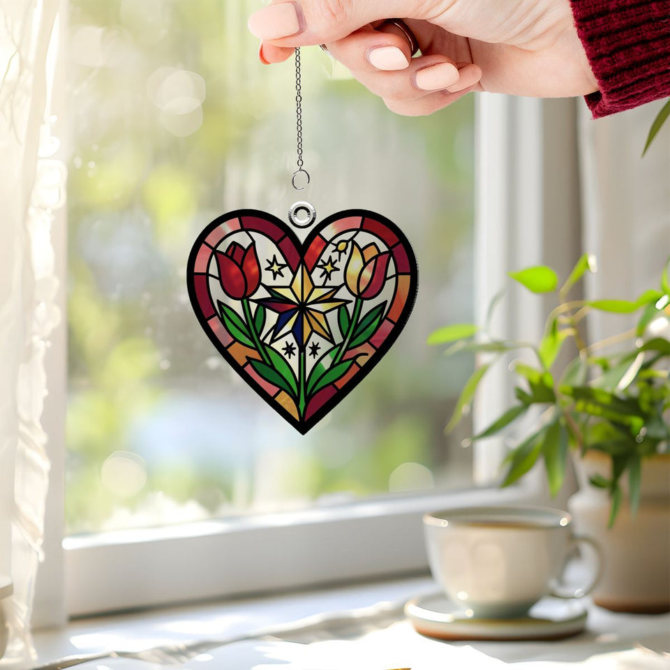 Nordic Folk Heart Wreath Acrylic Suncatcher