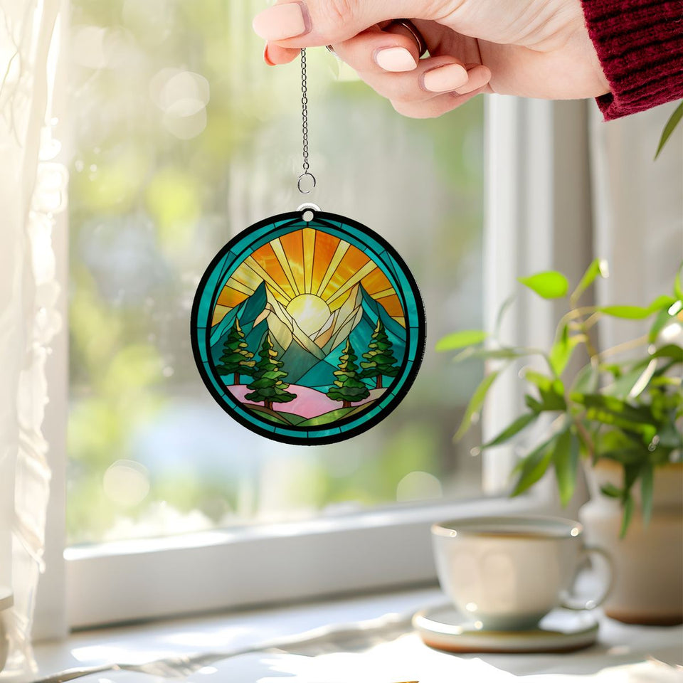 Mountain Pine Sunrise Circle Acrylic Suncatcher