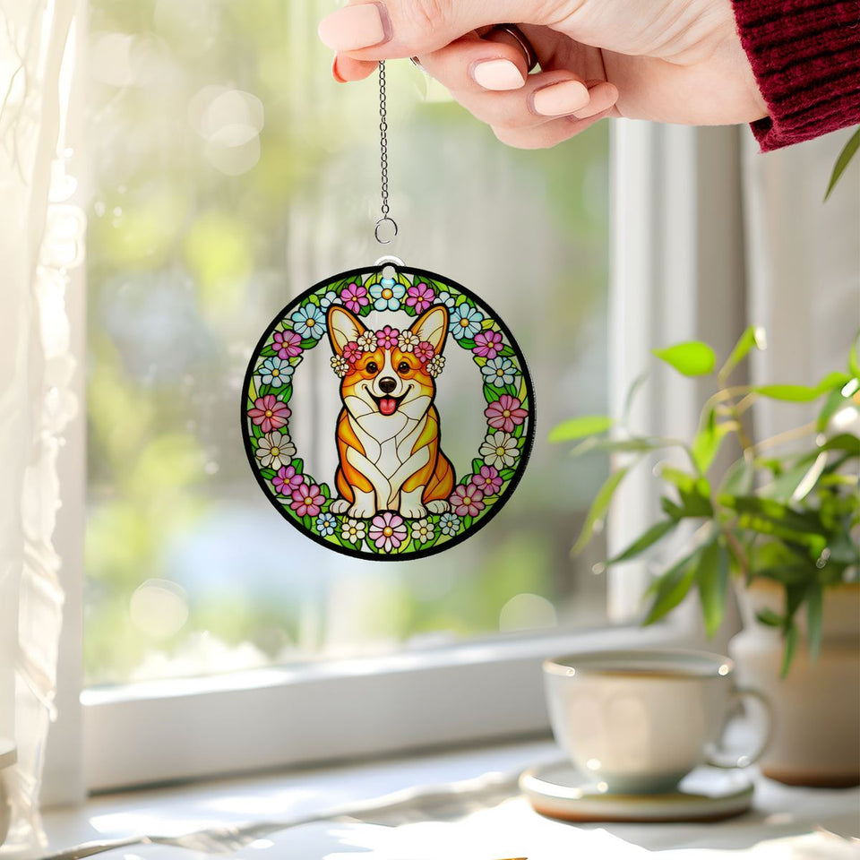 Corgi Wildflower Circle Acrylic Suncatcher
