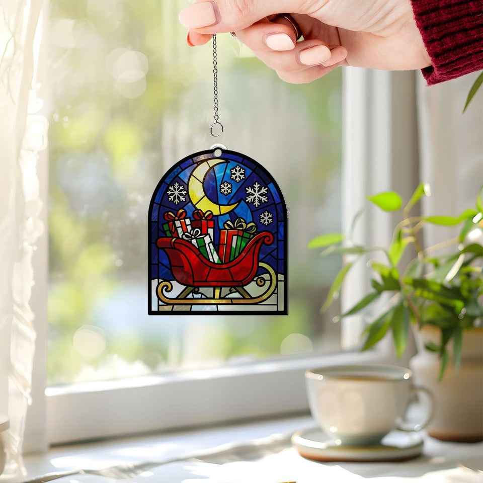 Red Sleigh Snowy Night Arch Acrylic Suncatcher