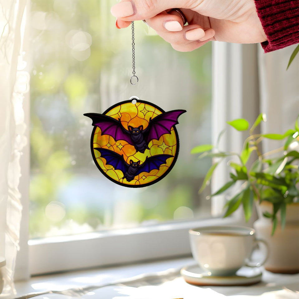 Bats Over Orange Moon Acrylic Suncatcher