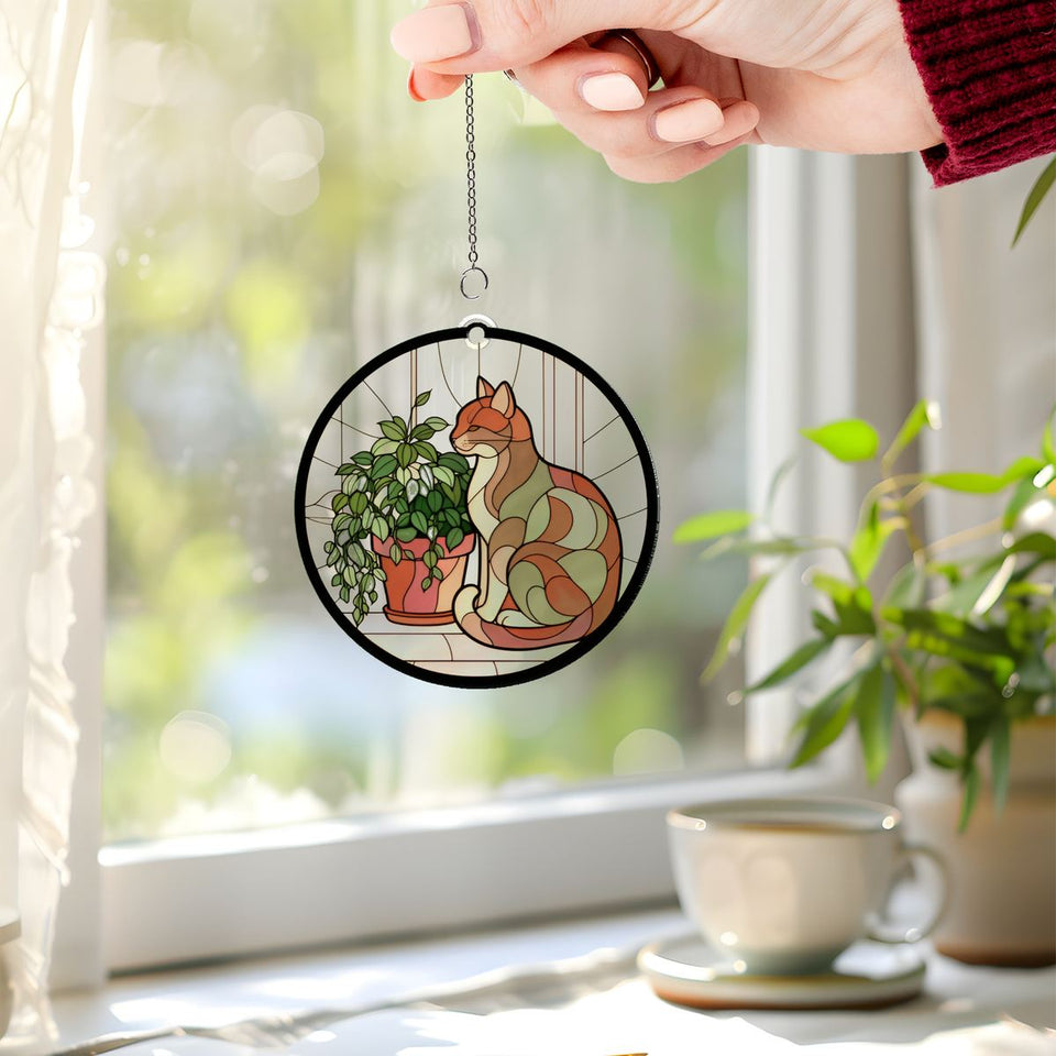 Cozy Cat Plant Window Acrylic Suncatcher
