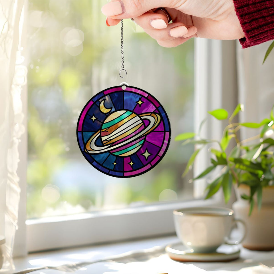 Ringed Planet Stars Circle Acrylic Suncatcher