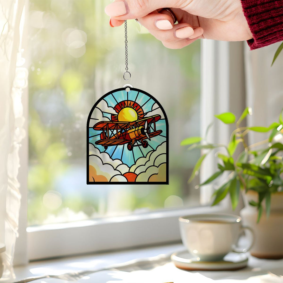 Vintage Biplane Clouds Arch Acrylic Suncatcher
