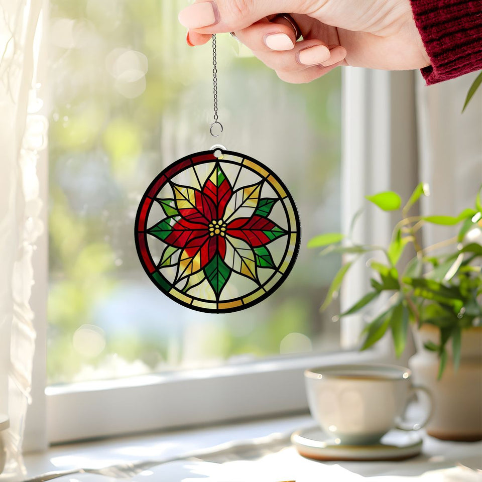 Poinsettia Wreath Circle Acrylic Suncatcher