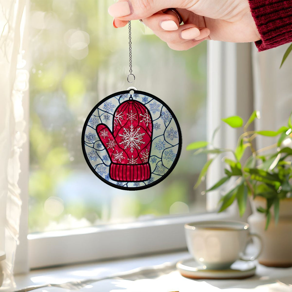 Knit Mitten Snowflake Circle Acrylic Suncatcher