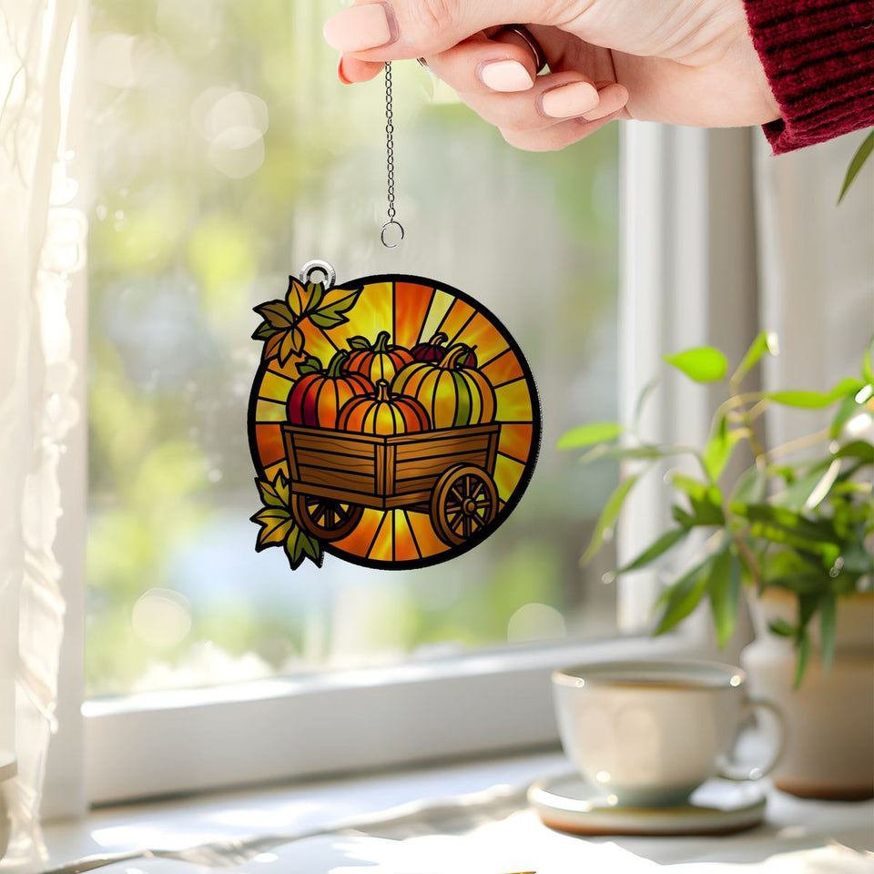 Autumn Pumpkin Cart Circle Acrylic Suncatcher