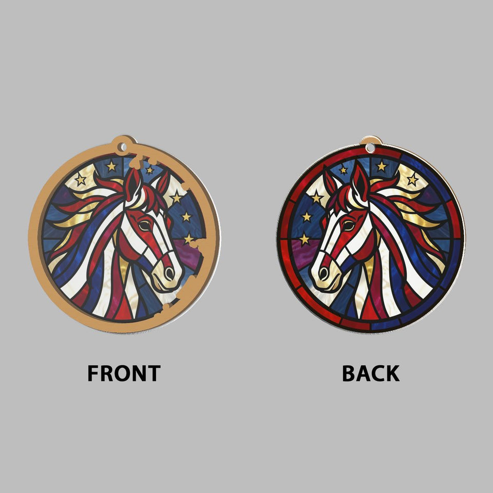 Patriotic Horse Stars Circle Window Hanging Suncatcher