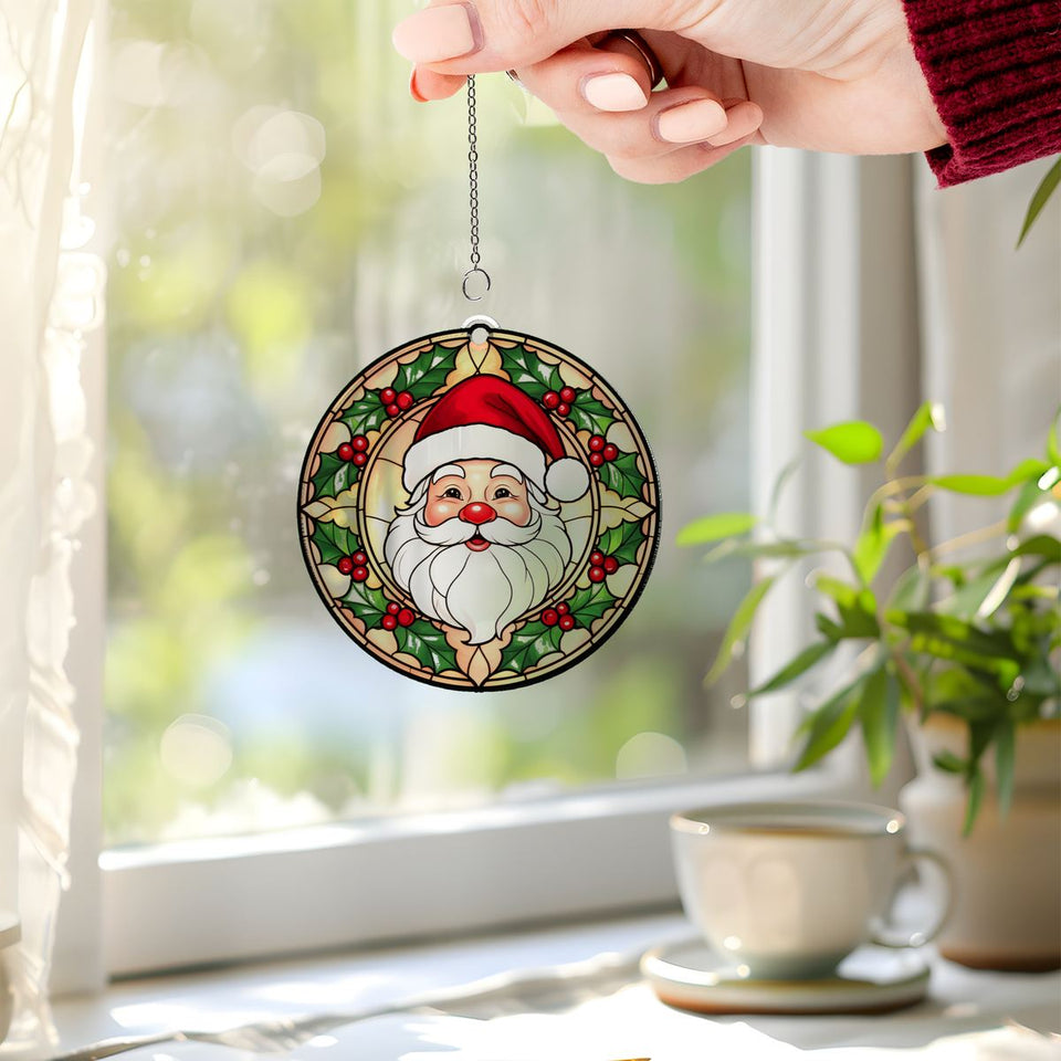 Santa Face Holly Circle Acrylic Suncatcher
