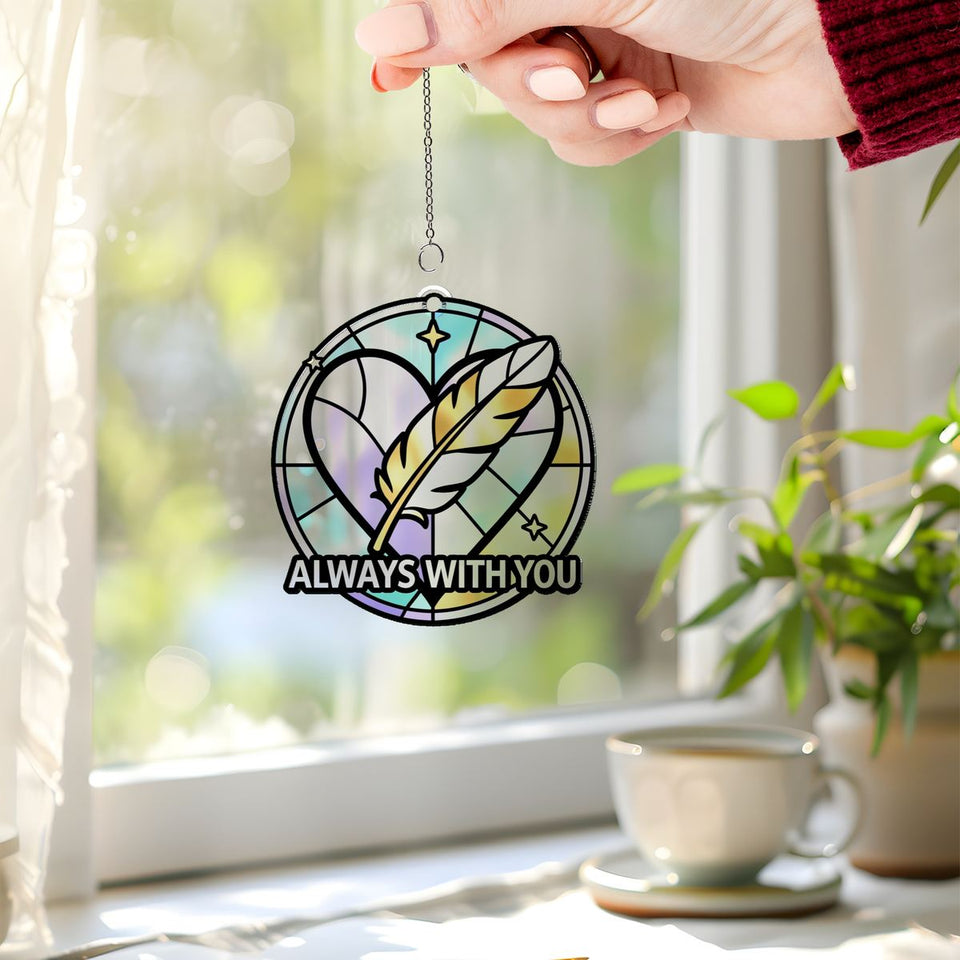 Feather Heart Remembrance Circle Acrylic Suncatcher