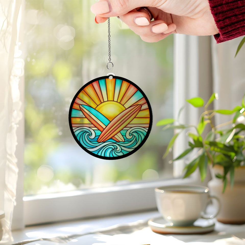 Surfboard Sunset Circle Acrylic Suncatcher