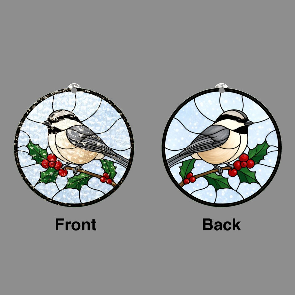Holly Berry Chickadee Circle Water Ripple Suncatcher