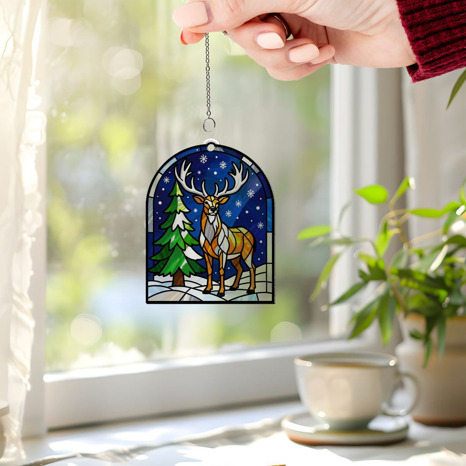 Snowy Stag Pine Arch Acrylic Suncatcher