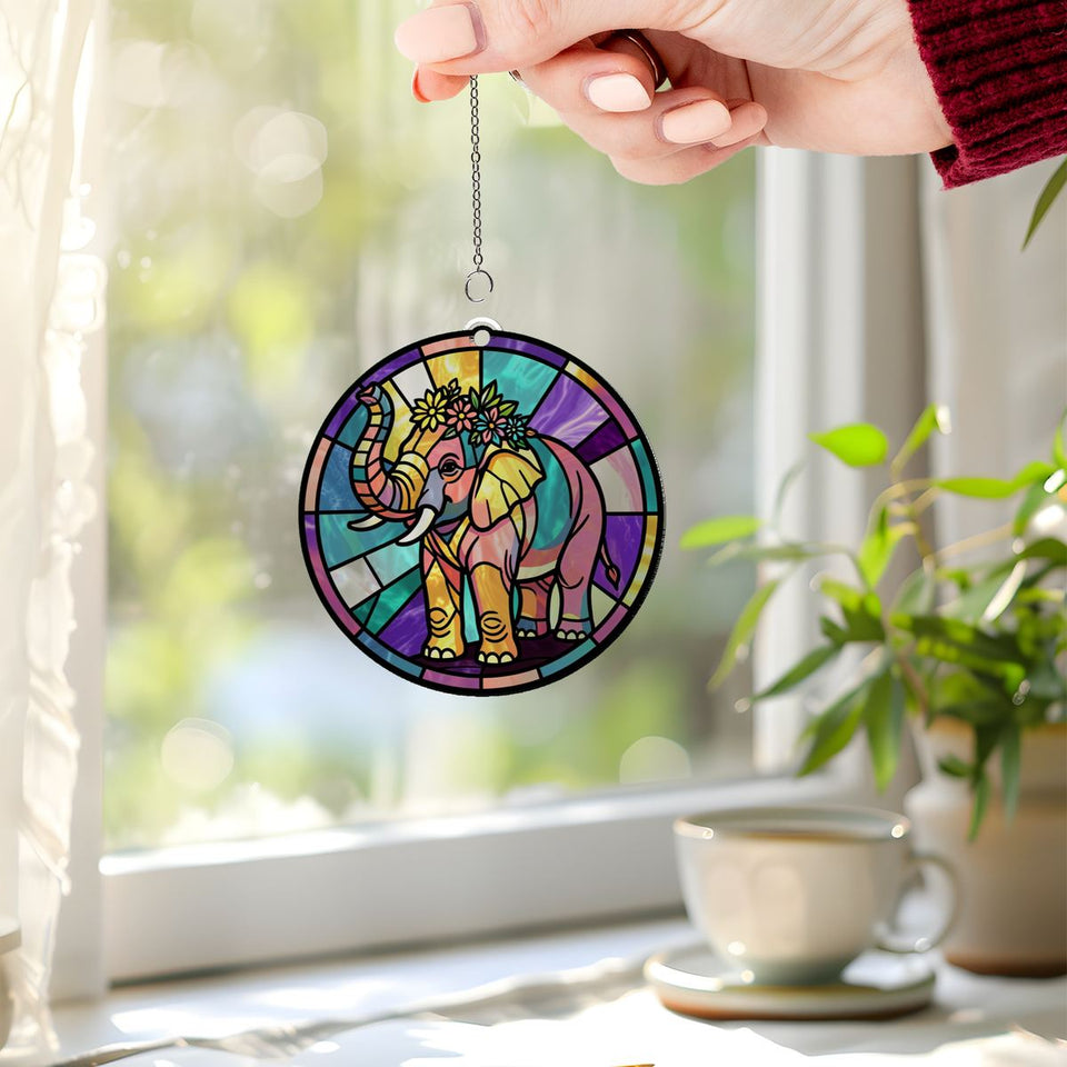 Elephant Wildflower Circle Acrylic Suncatcher