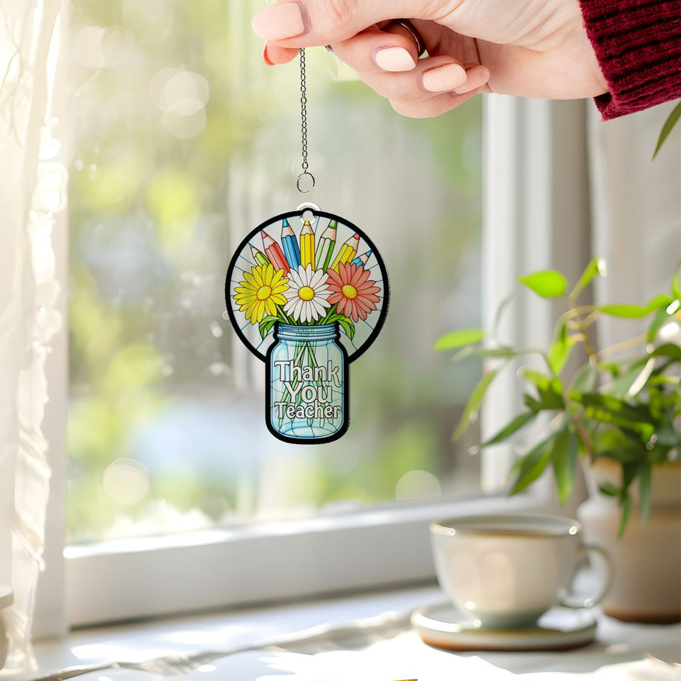 Teacher Flower Jar Circle Acrylic Suncatcher