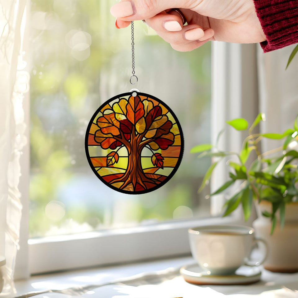 Golden Autumn Tree Circle Acrylic Suncatcher