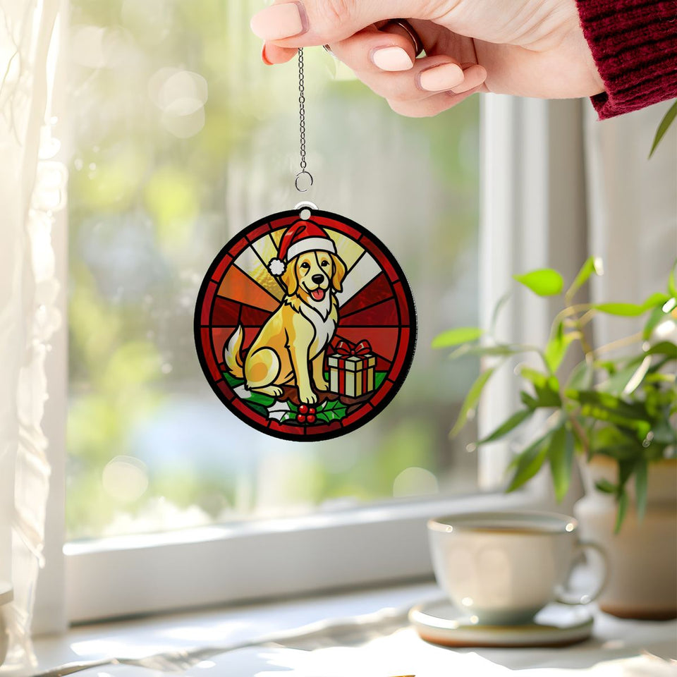 Christmas Dog Santa Hat Circle Acrylic Suncatcher