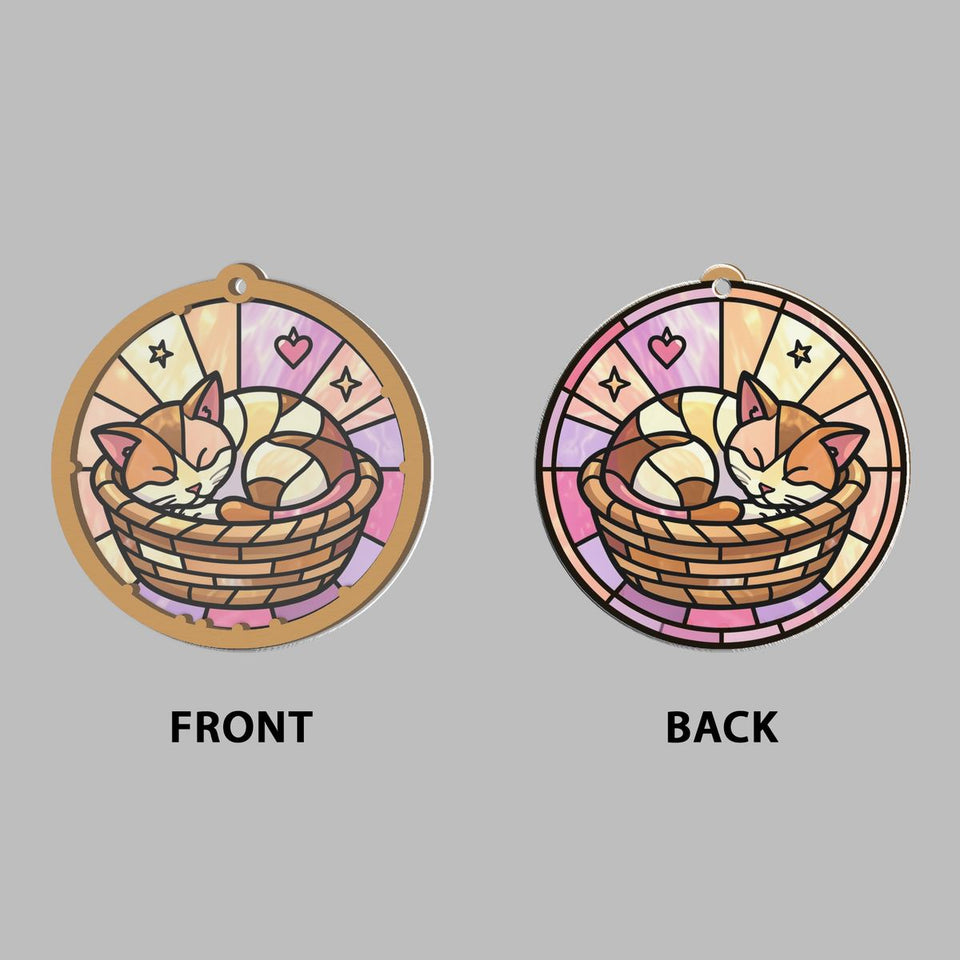 Sleeping Kitten Basket Circle Window Hanging Suncatcher