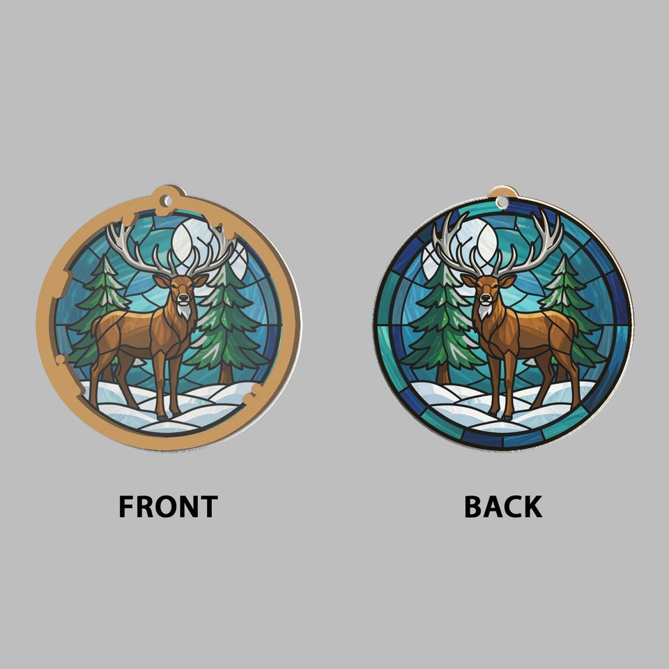 Winter Stag Evergreen Circle Window Hanging Suncatcher