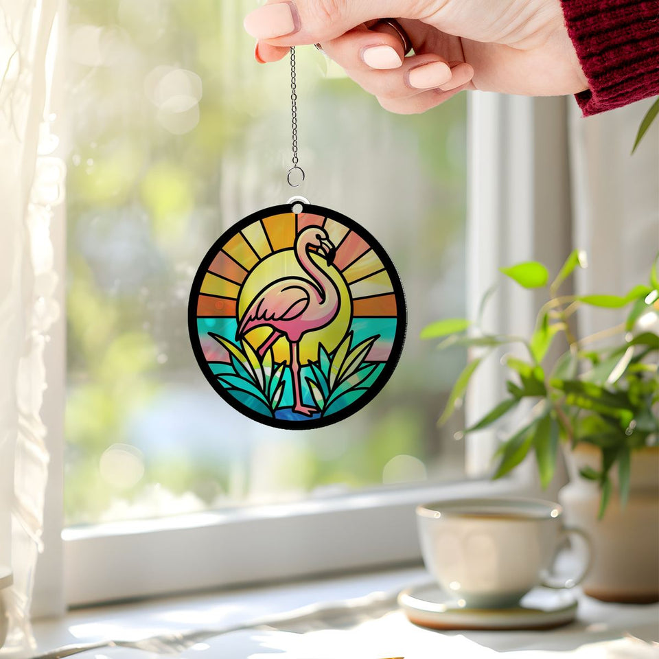 Pink Flamingo Sunset Circle Acrylic Suncatcher