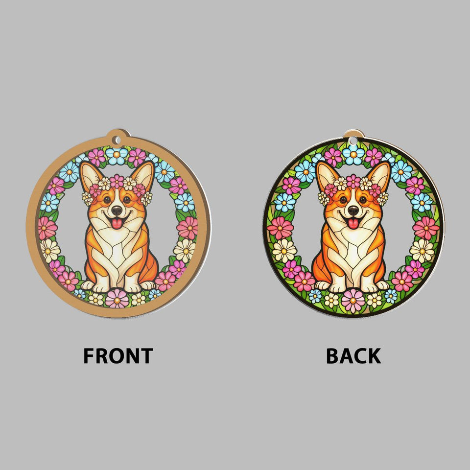 Corgi Wildflower Circle Window Hanging Suncatcher