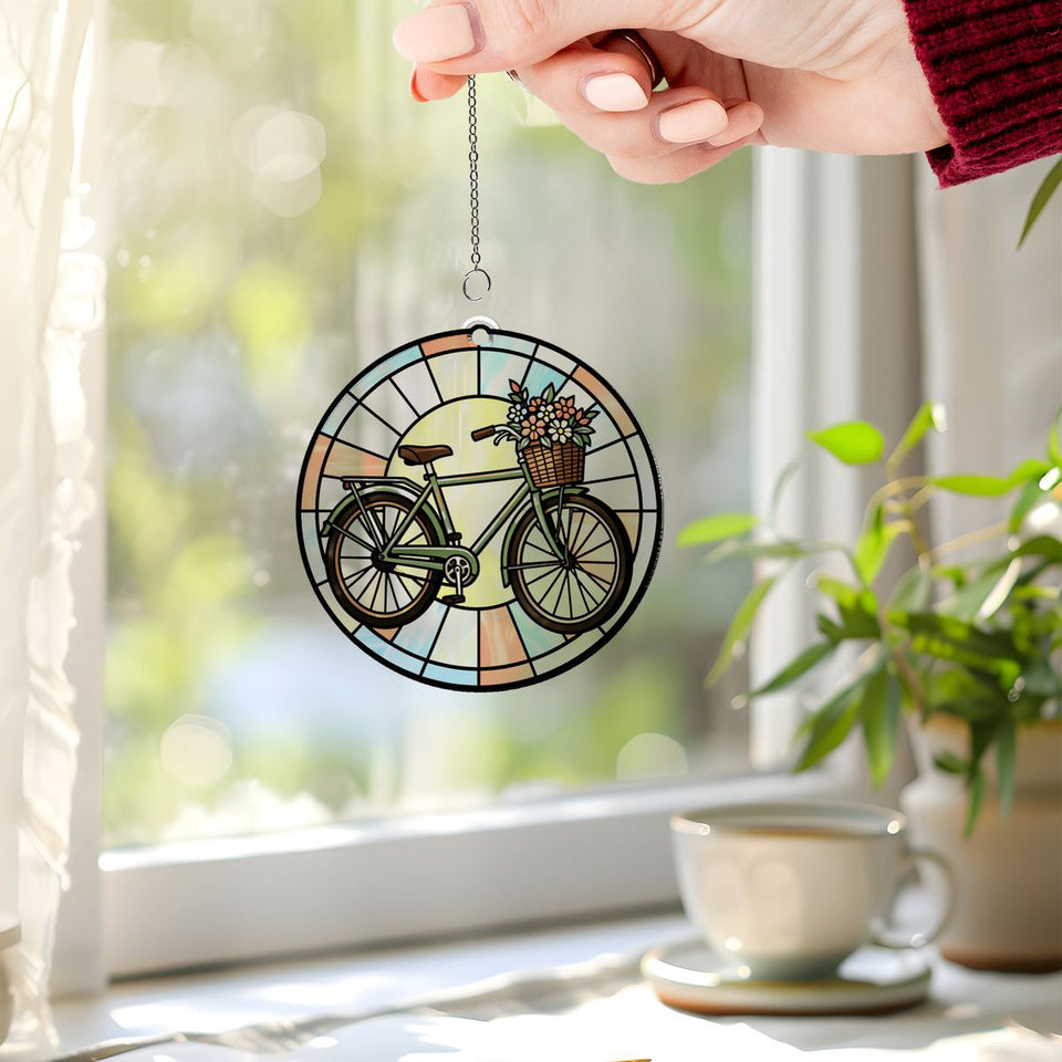 Flower Basket Bicycle Circle Acrylic Suncatcher