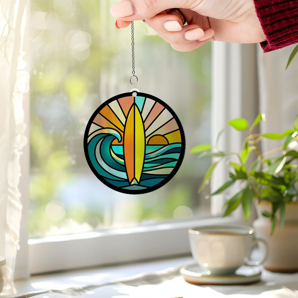 Surfboard Wave Sunset Circle Acrylic Suncatcher