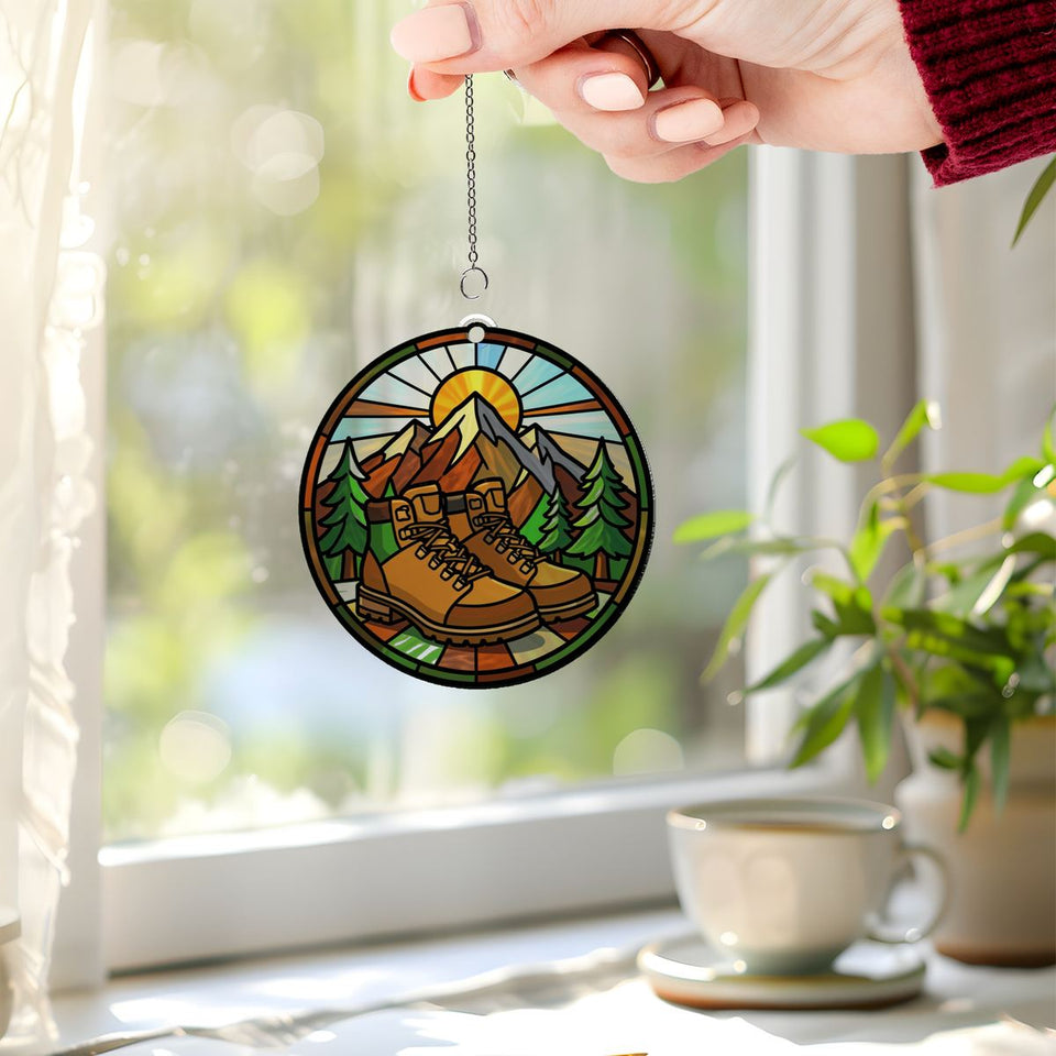 Hiking Boots Mountain Circle Acrylic Suncatcher