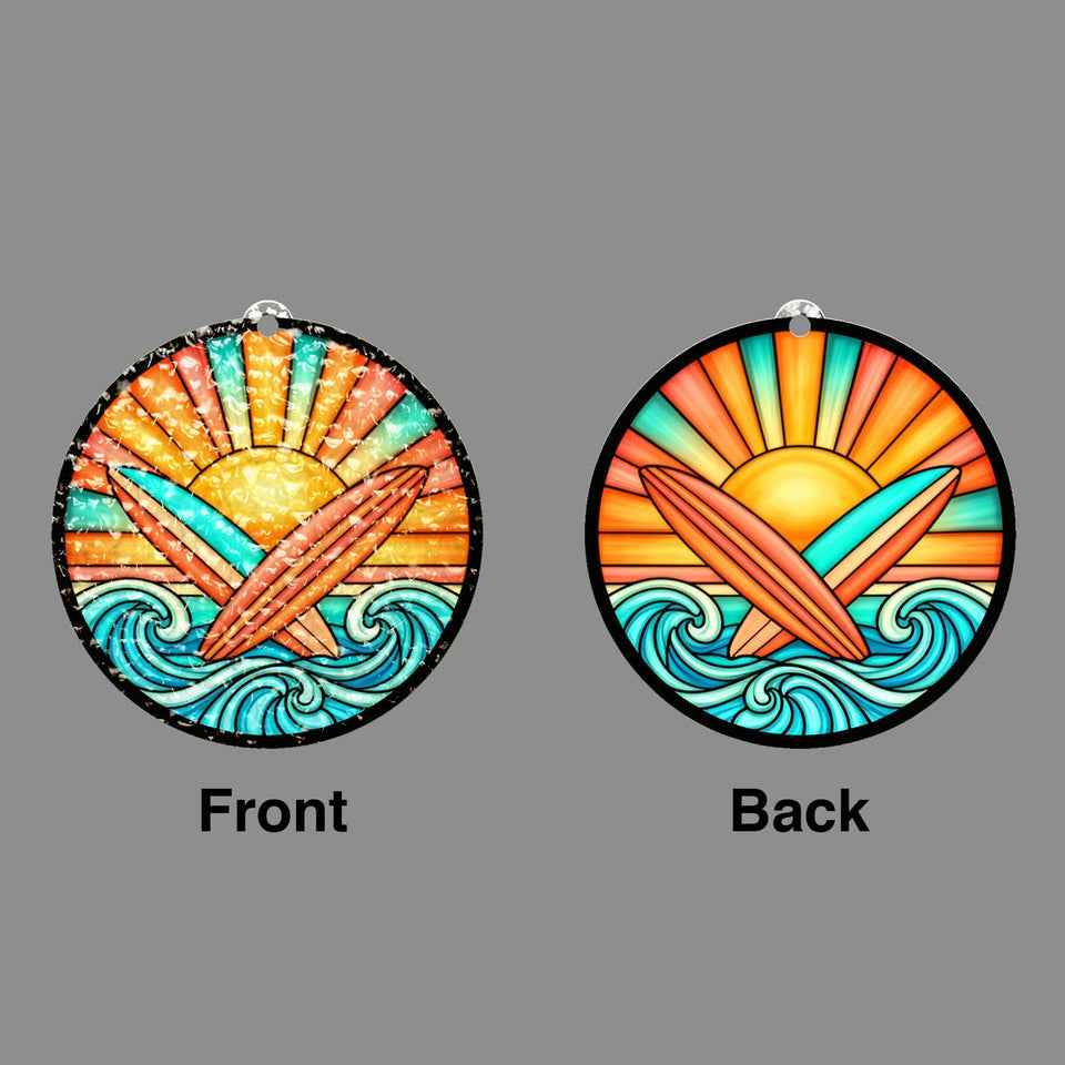 Surfboard Sunset Circle Water Ripple Suncatcher
