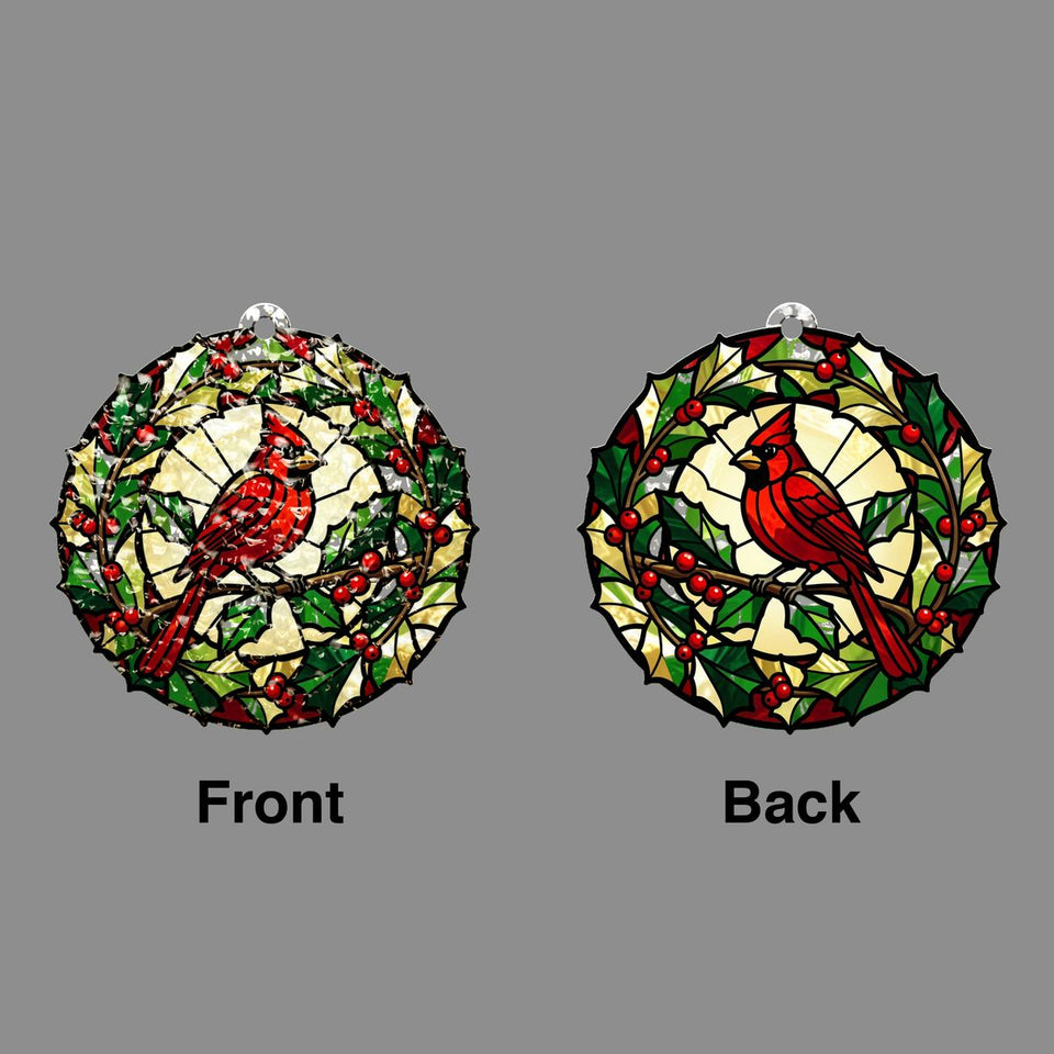 Cardinal Holly Wreath Circle Water Ripple Suncatcher