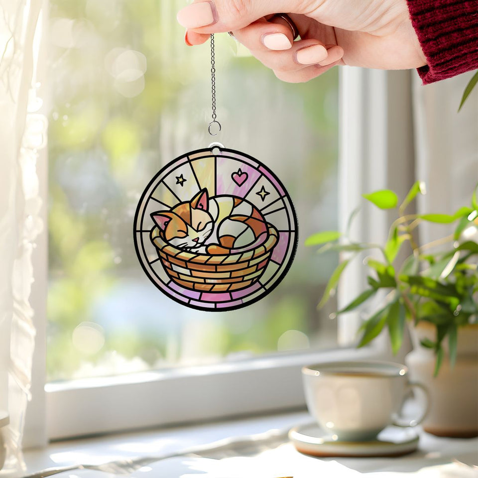 Sleeping Kitten Basket Circle Acrylic Suncatcher