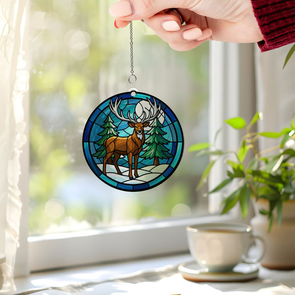 Winter Stag Evergreen Circle Acrylic Suncatcher