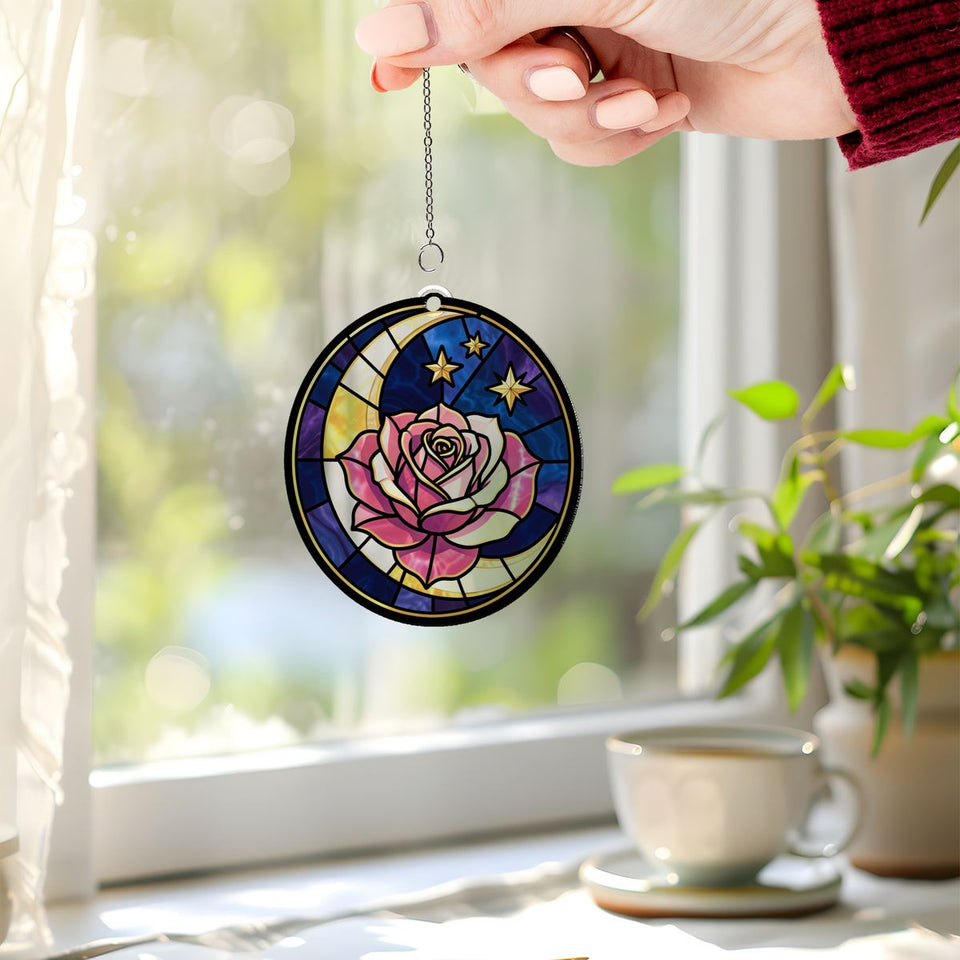 Celestial Rose Moon Circle Acrylic Suncatcher