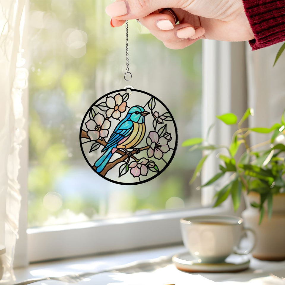 Bluebird Blossom Circle Acrylic Suncatcher